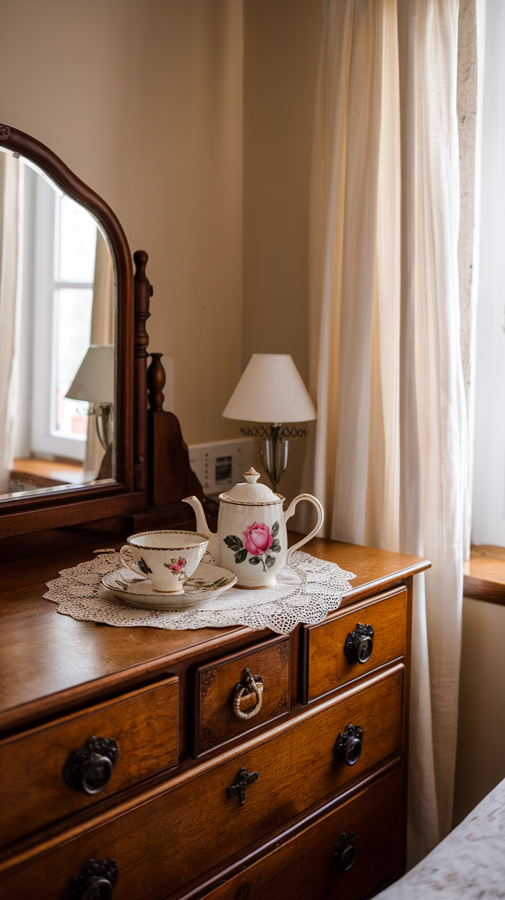Vintage tea set displayed on a wooden dresser with a lace doily, featuring a teacup and teapot.