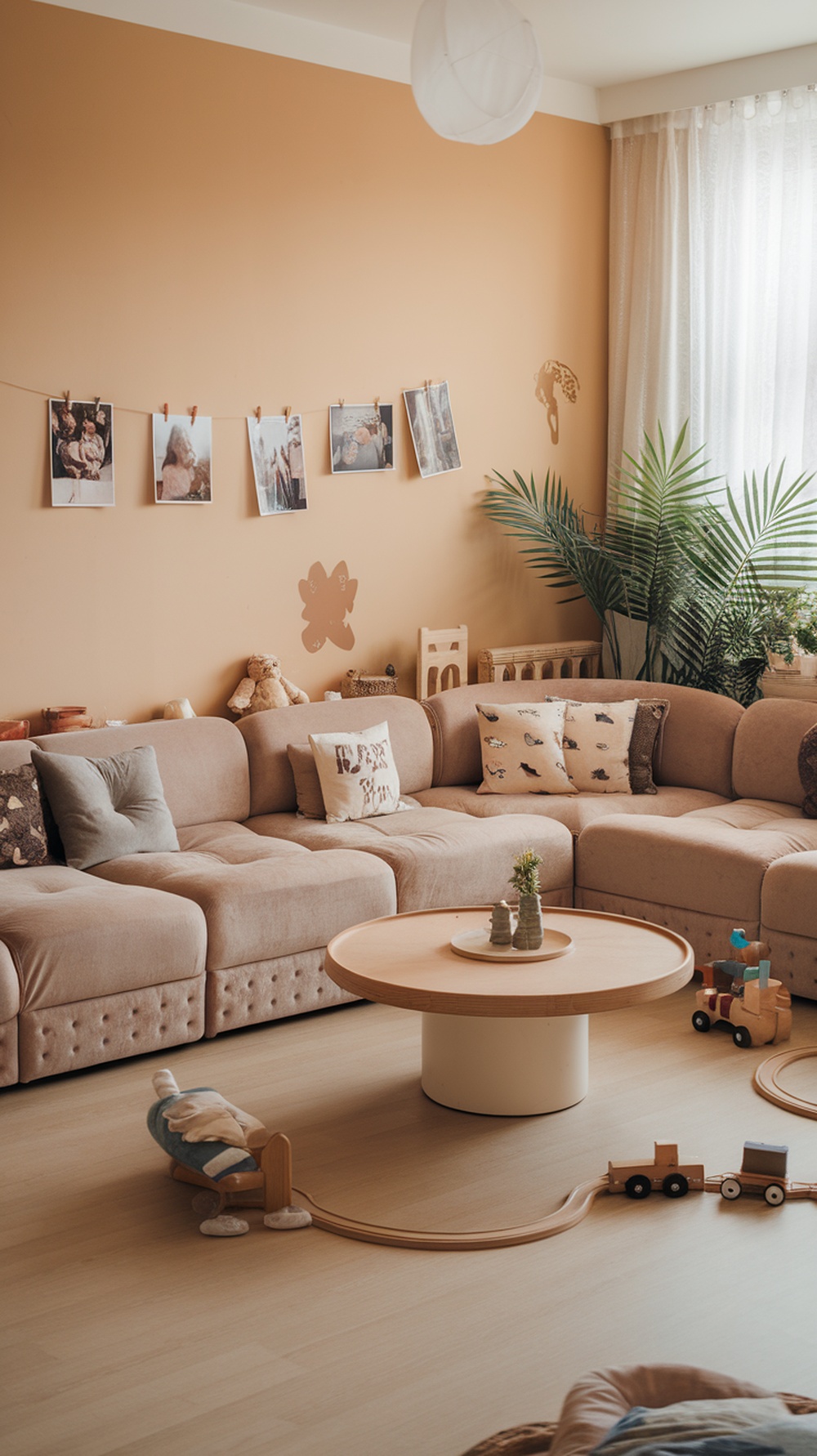 A warm and inviting family living room with a beige sofa, photos on the wall, and playful decor.