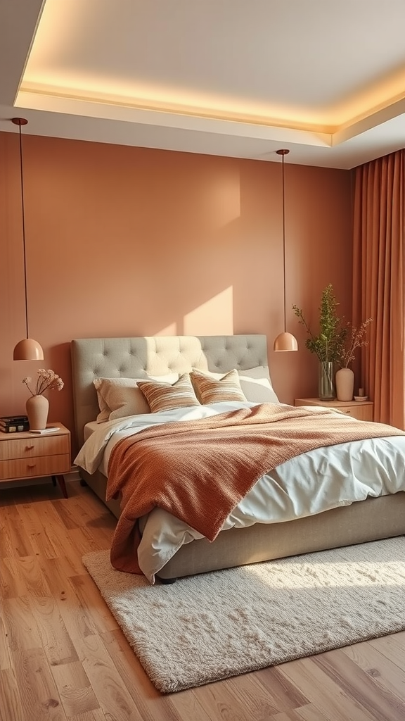 A cozy bedroom with warm color tones, featuring a terracotta wall, white bedding, and wooden flooring.