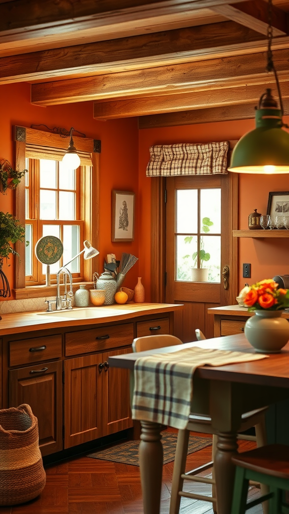A cozy cottage kitchen with warm orange walls, wooden cabinets, and a welcoming atmosphere.