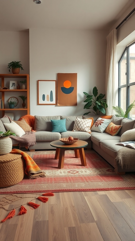 Cozy living room with warm earthy tones and vibrant accents including a gray sectional, colorful throw pillows, and textured rugs.