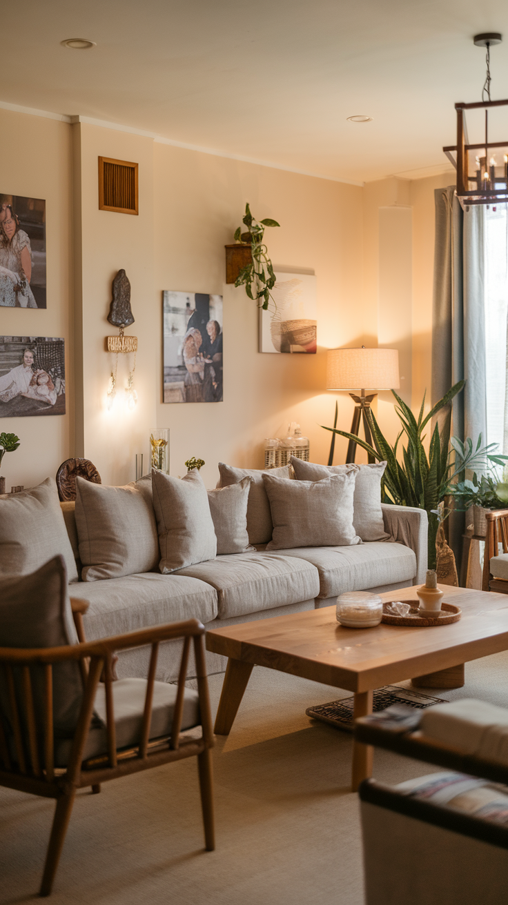 A cozy living room with a large neutral sofa, wooden coffee table, plants, and warm lighting.