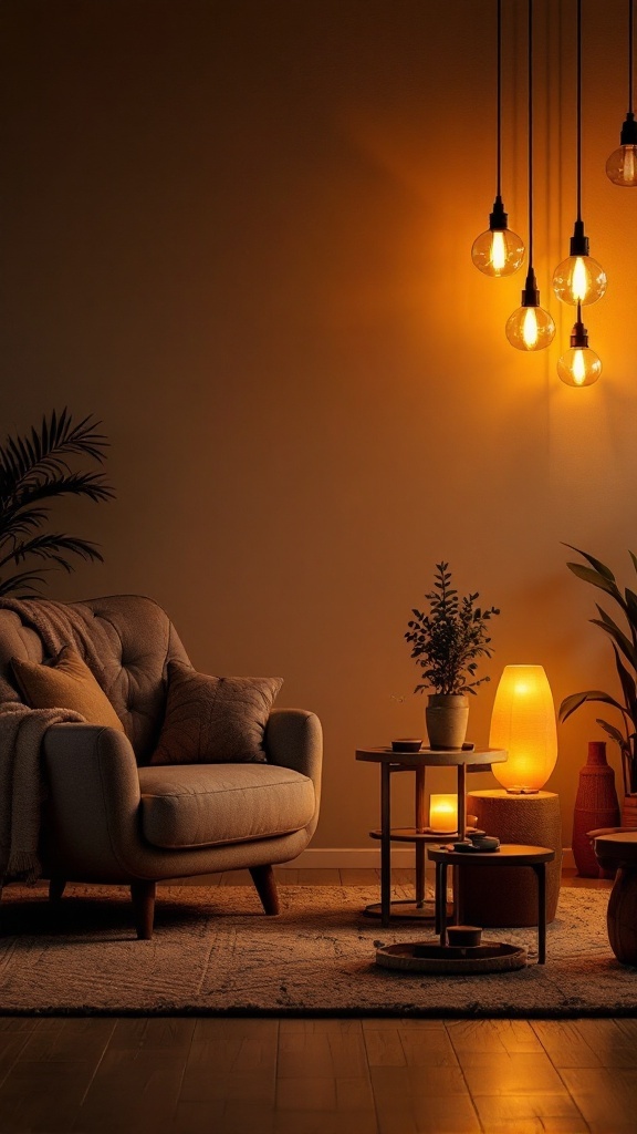 A warm, inviting living room with soft lighting and cozy furniture.