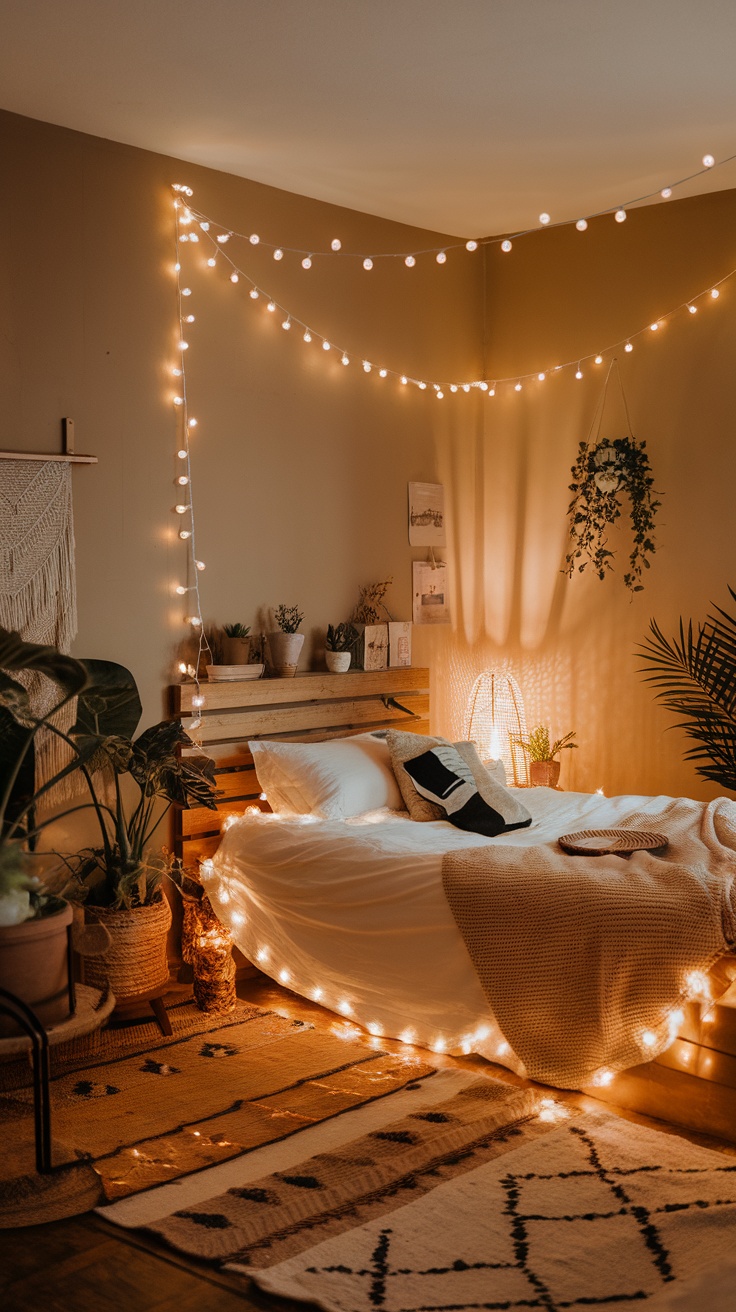 A cozy bedroom with warm string lights, plants, and soft bedding.