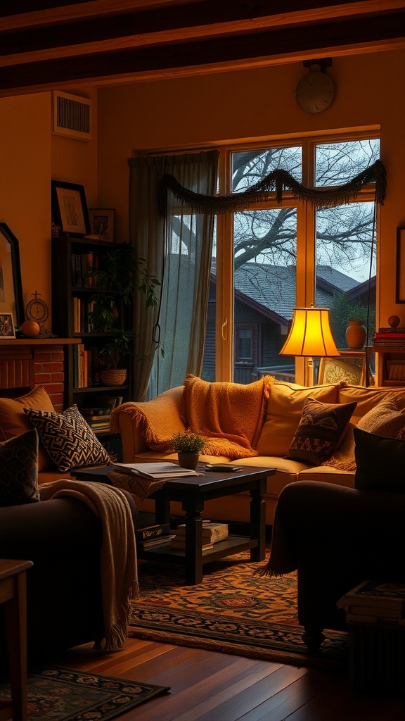 Cozy living room with warm lighting, layered textiles, and jewel tones decor.