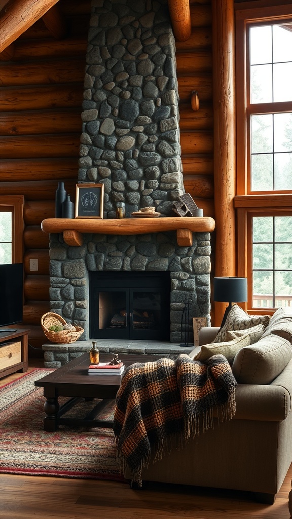 A cozy living room featuring a stone fireplace, wooden beams, large windows, and inviting furniture.