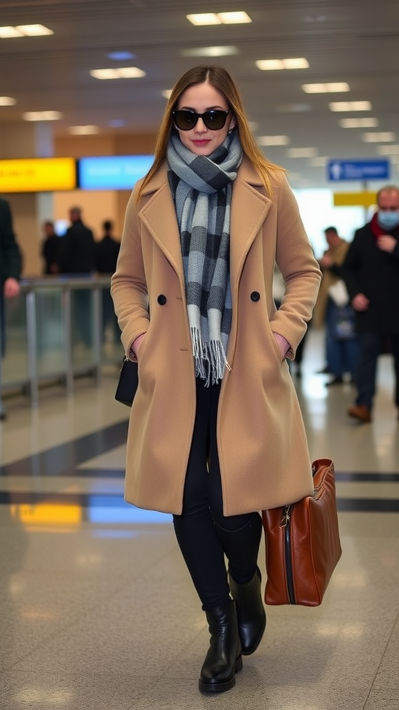 A stylish woman in a camel coat and plaid scarf at the airport.