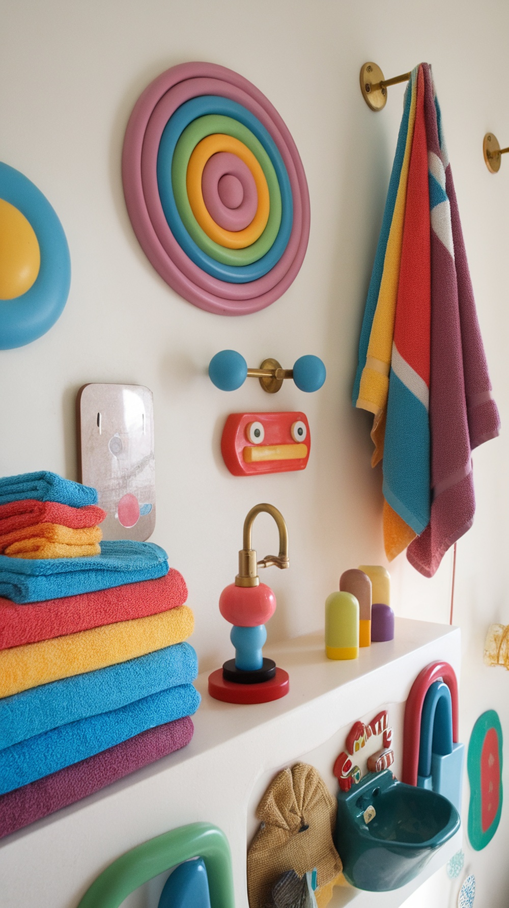 Colorful bathroom decor featuring stacked towels, playful wall accents, and unique decorative elements.
