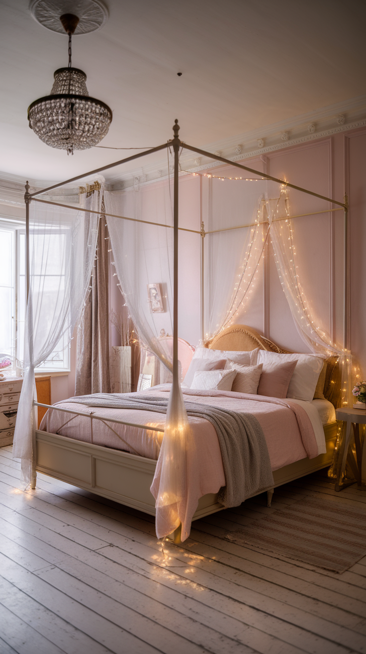 A vintage cottagecore bedroom featuring a canopy bed with fairy lights, soft pink decor, and cozy bedding.