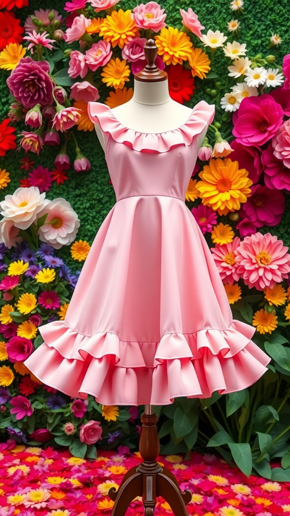 A pink fit-and-flare dress with ruffles displayed against a vibrant floral backdrop.