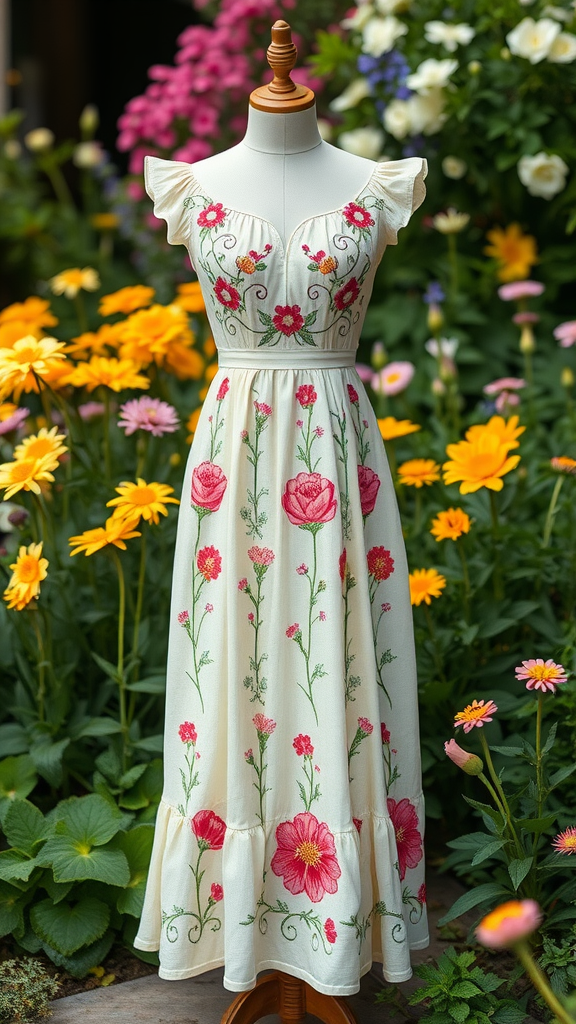 A floral embroidered dress displayed among colorful flowers, showcasing a bohemian style.