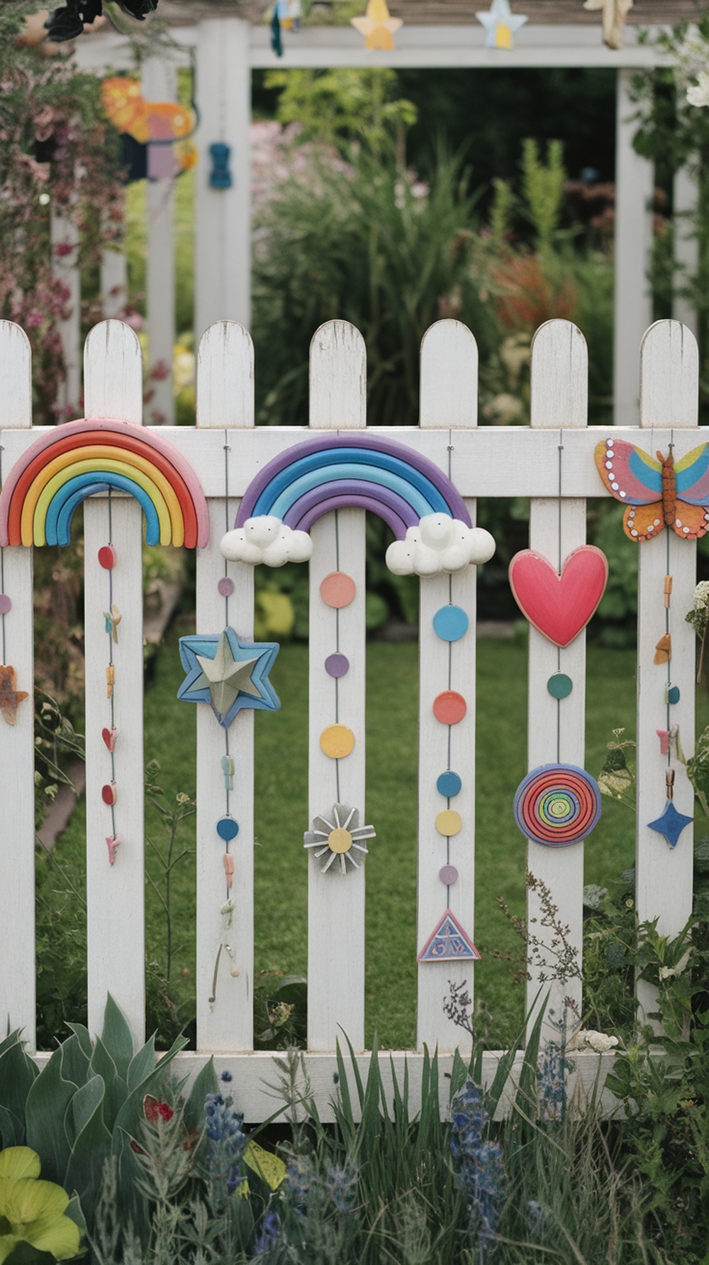 A white garden fence decorated with colorful rainbows, stars, hearts, and a butterfly, surrounded by green grass and flowers.