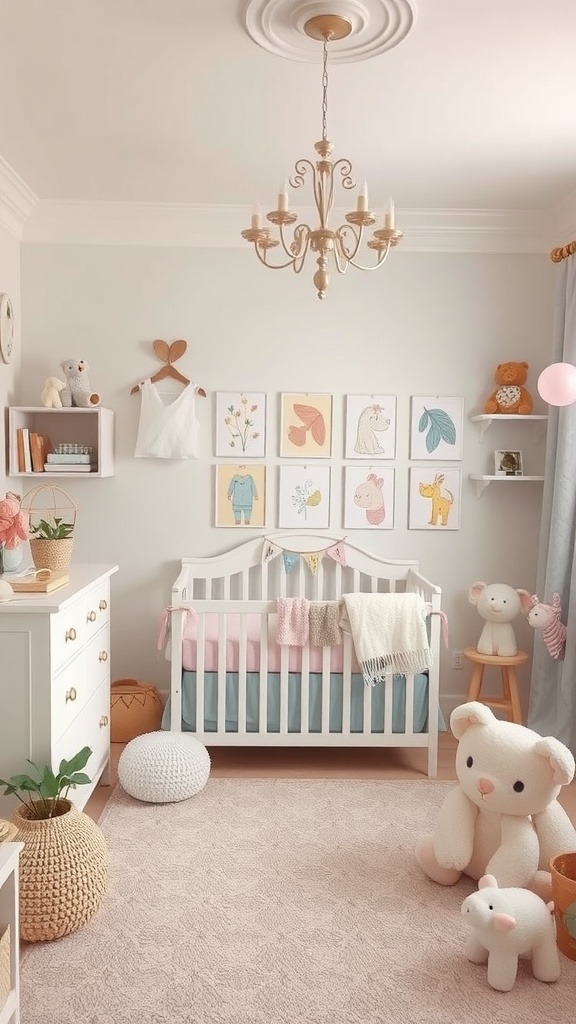 A whimsical nursery with a crib, plush toys, and colorful wall art.