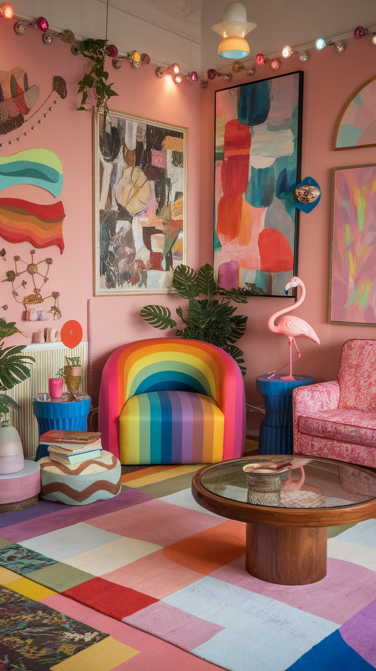 A colorful living room with a rainbow chair, vibrant rugs, and playful decor.