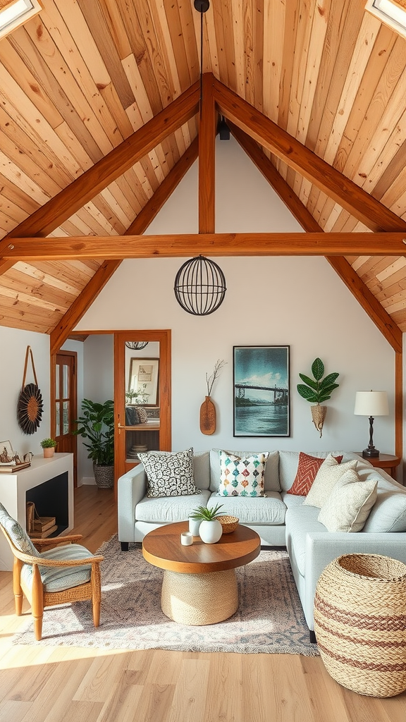 A cozy living room featuring wooden beams, modern furniture, and whimsical wall art.