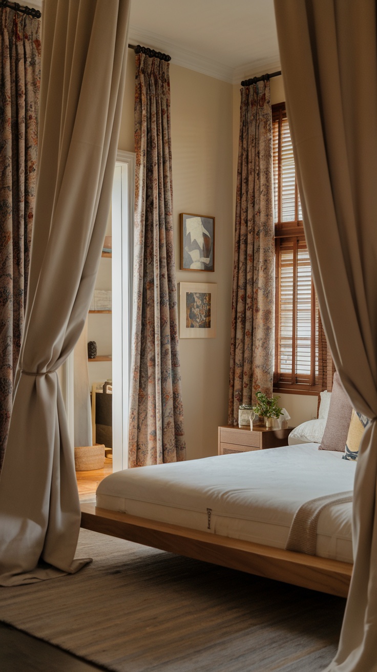 Cozy bedroom with floral curtains and wooden bed