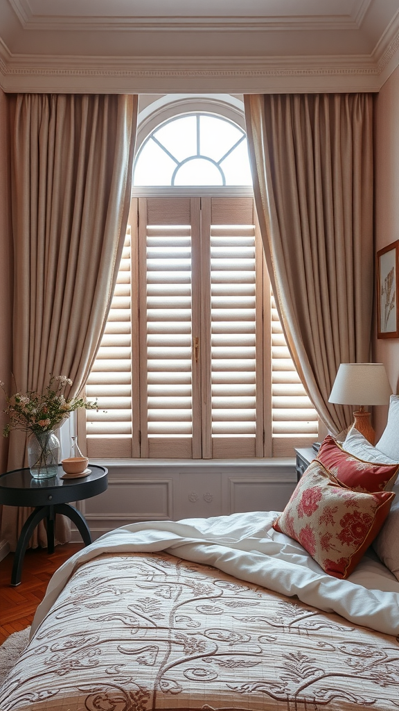 A cozy master bedroom featuring soft curtains, wooden shutters, and Pottery Barn style decor.
