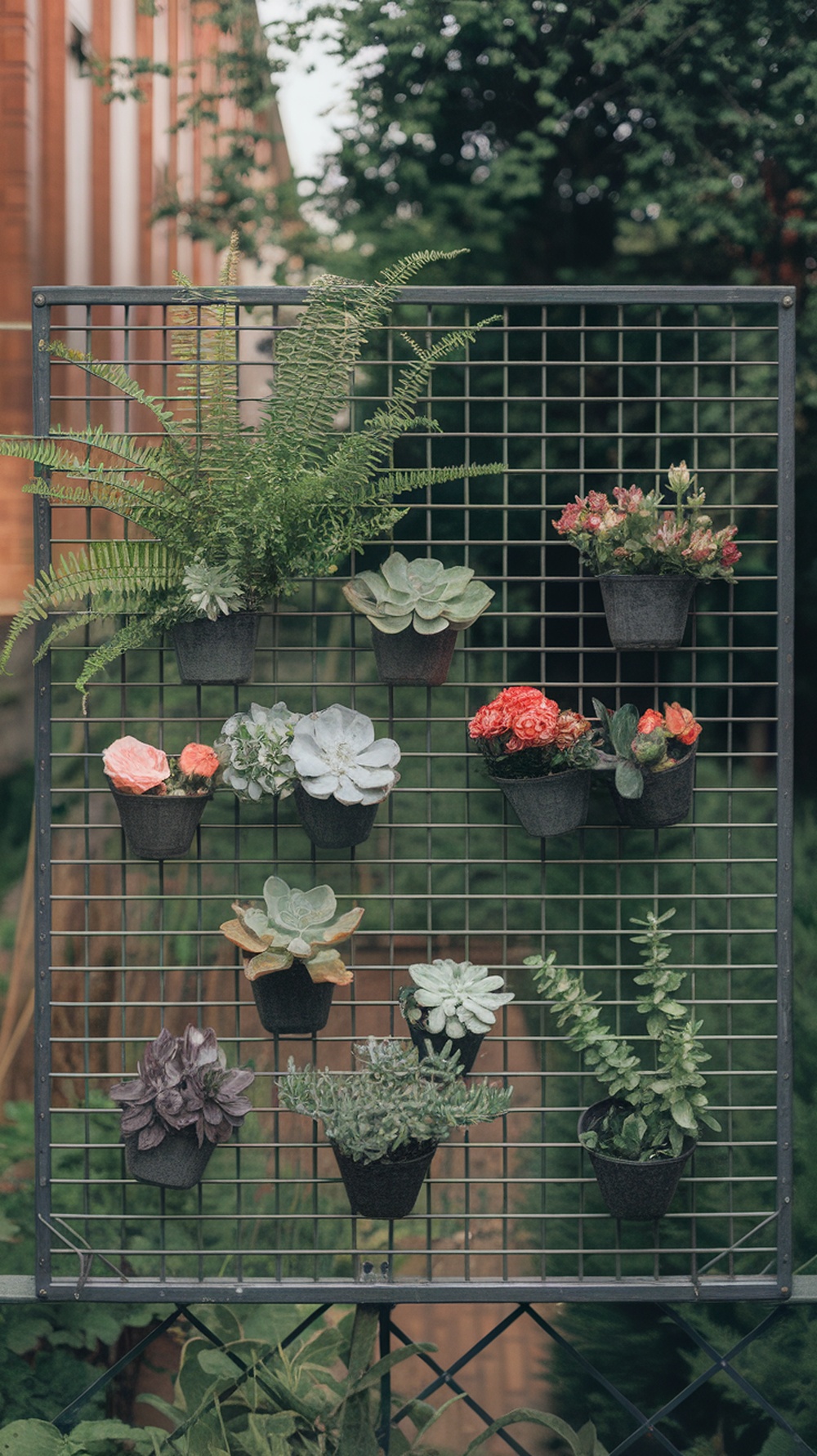 A wire grid frame with various potted plants displayed in a garden setting.