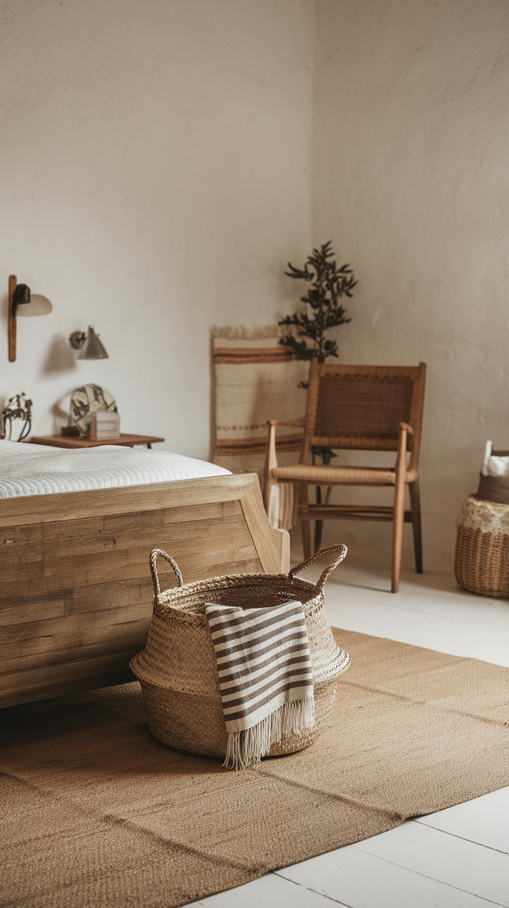 A cozy bedroom featuring woven baskets for storage, with a wooden bed and neutral bedding.