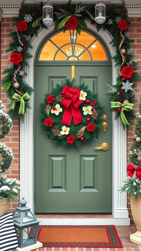 Festively decorated green front door with a Christmas wreath and garlands