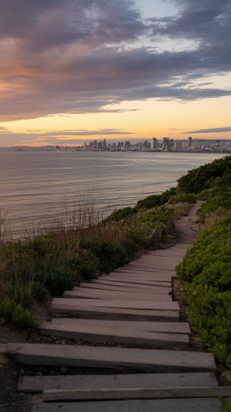 A wooden path leading down towards the sea, with Yokohama's skyline in the background during sunset.