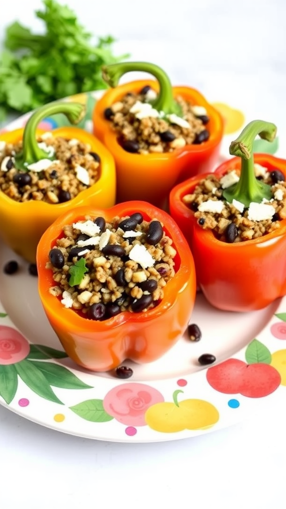 A plate of colorful stuffed peppers filled with grains and black beans, topped with feta cheese.