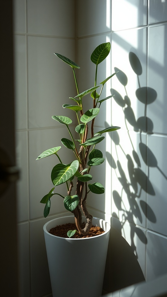 A ZZ plant in a white pot against a tiled bathroom wall, illuminated by sunlight casting shadows.