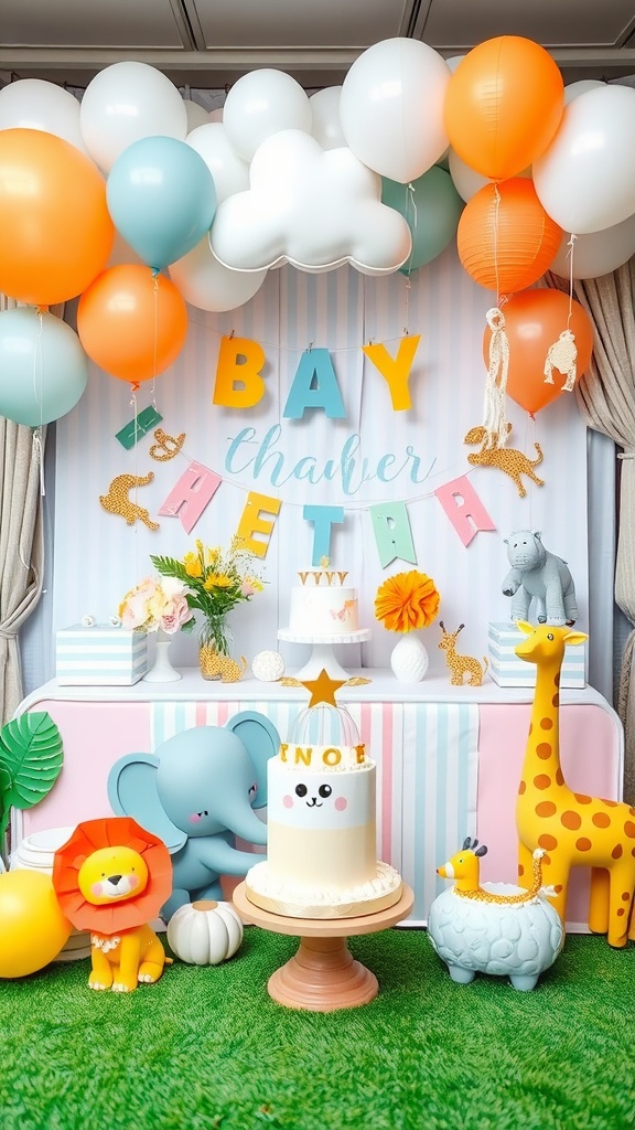 A colorful animal-themed baby shower setup with balloons, a cake, and cute animal decorations.