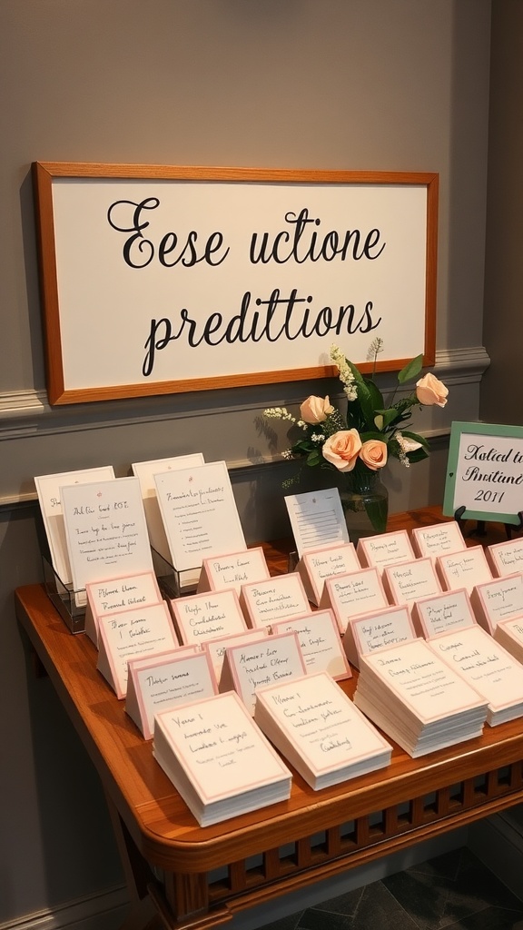 A table with baby predictions and advice cards for a baby shower, featuring a decorative sign and flowers.