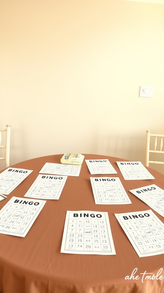 A table with multiple Bingo cards laid out for a baby shower game.