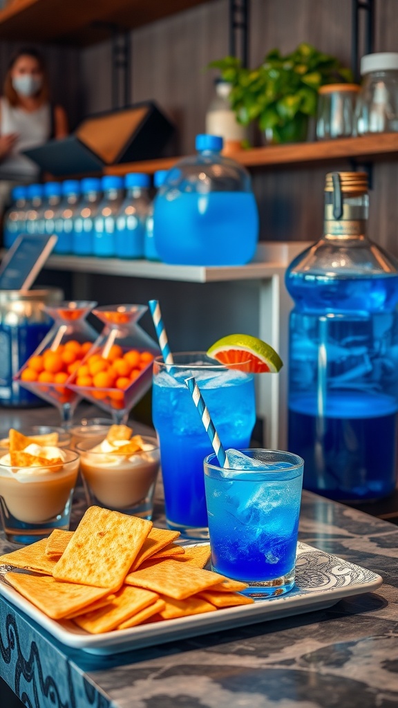 Blue-themed refreshments bar featuring blue drinks, snacks, and desserts for a baby boy baby shower.