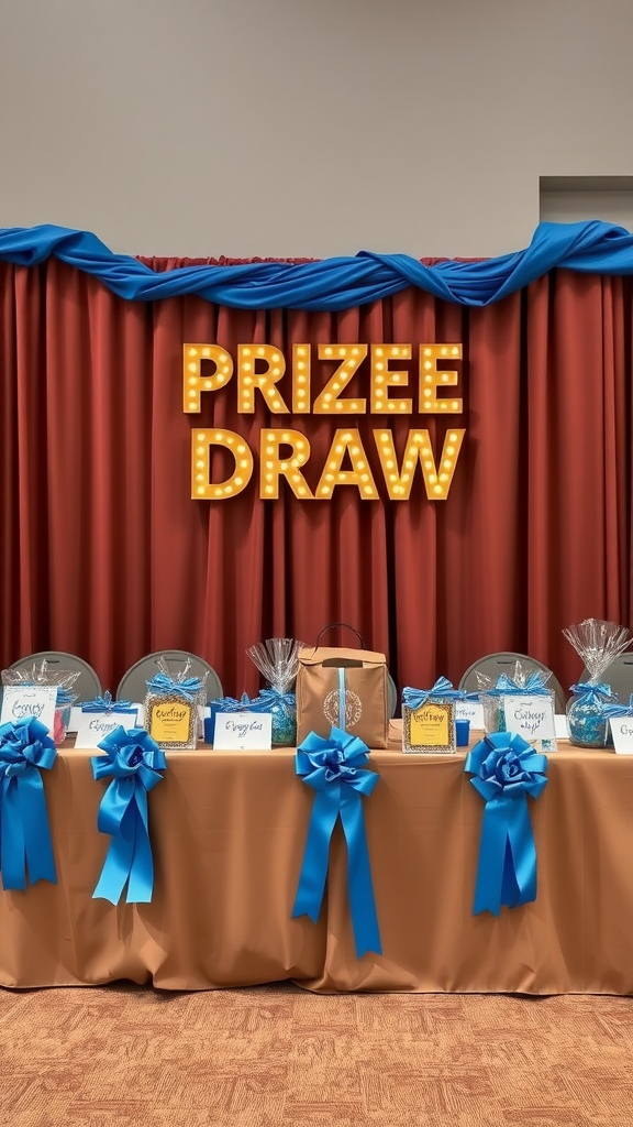 Prize draw setup for a baby shower with a sign and prizes