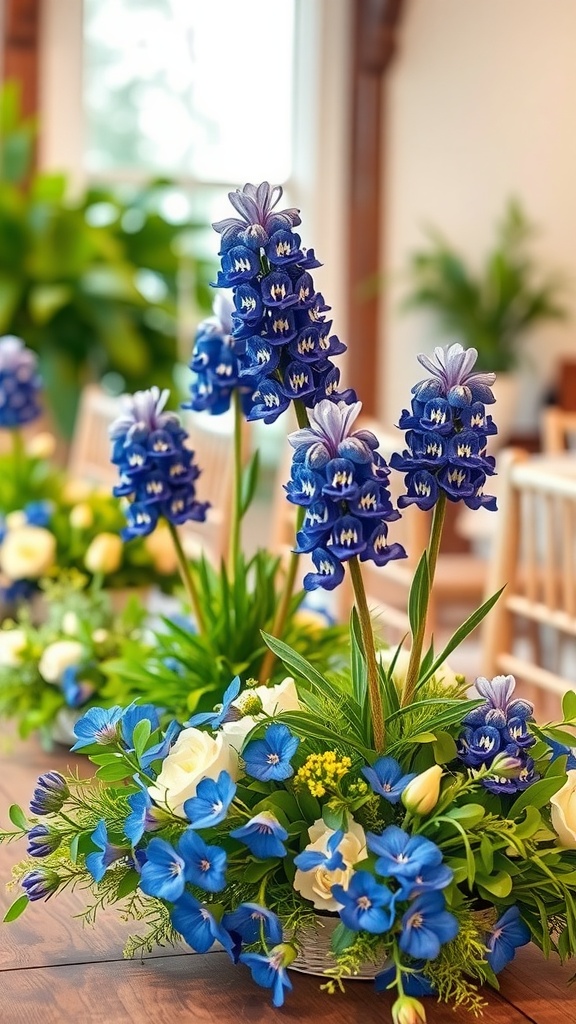 Vibrant bluebonnet floral arrangement with roses and greenery on a table