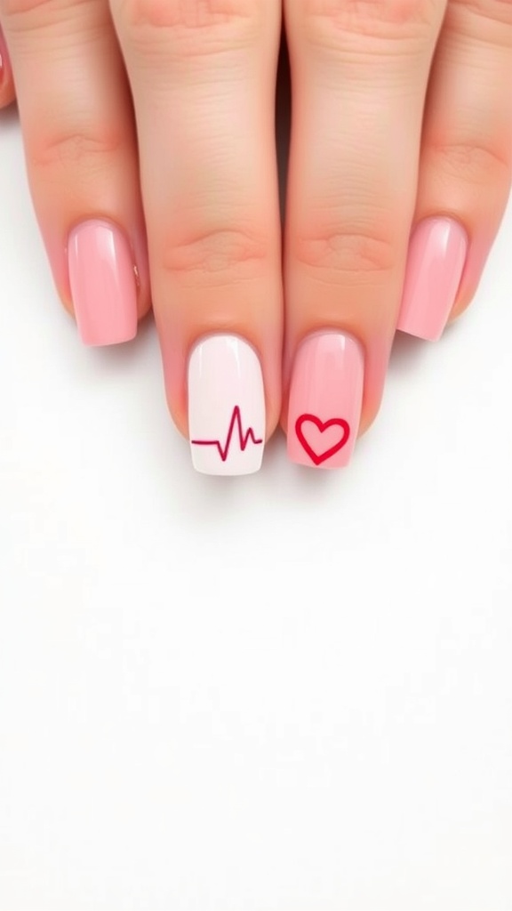 Close up of nails with a heartbeat line and heart design