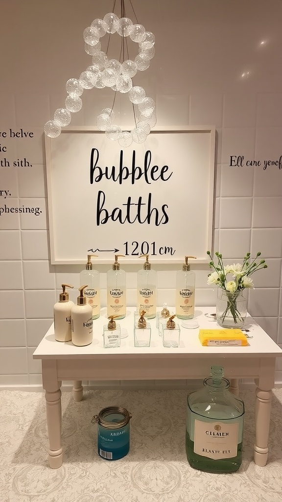 A beautifully arranged bubble bath station with various bath products, a decorative sign, and fresh flowers.