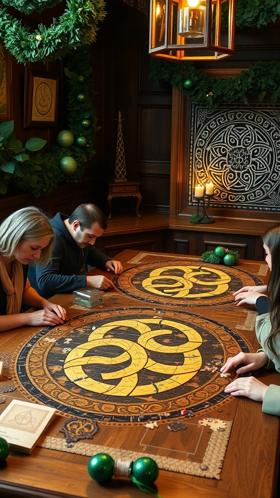 A group of friends working on a Celtic knot puzzle at a festive table.