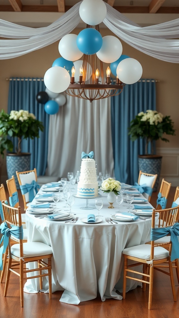 Elegant baby boy baby shower setup featuring a classic blue color palette with a decorated table, cake, and balloons.