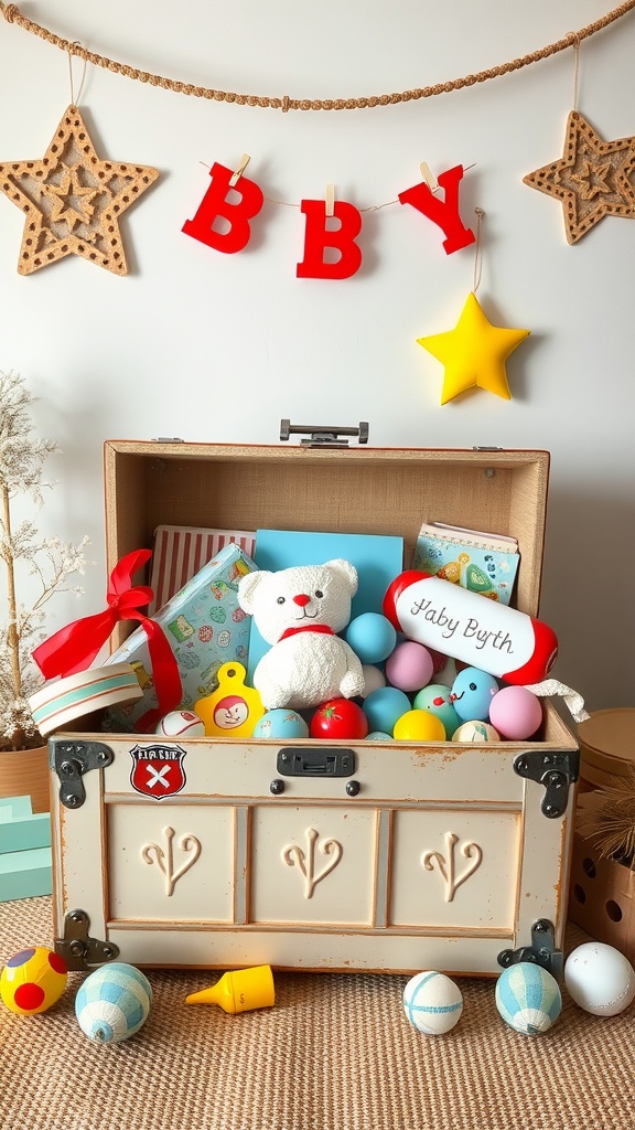 A vintage toy box filled with colorful toys and decorations for a baby boy baby shower.