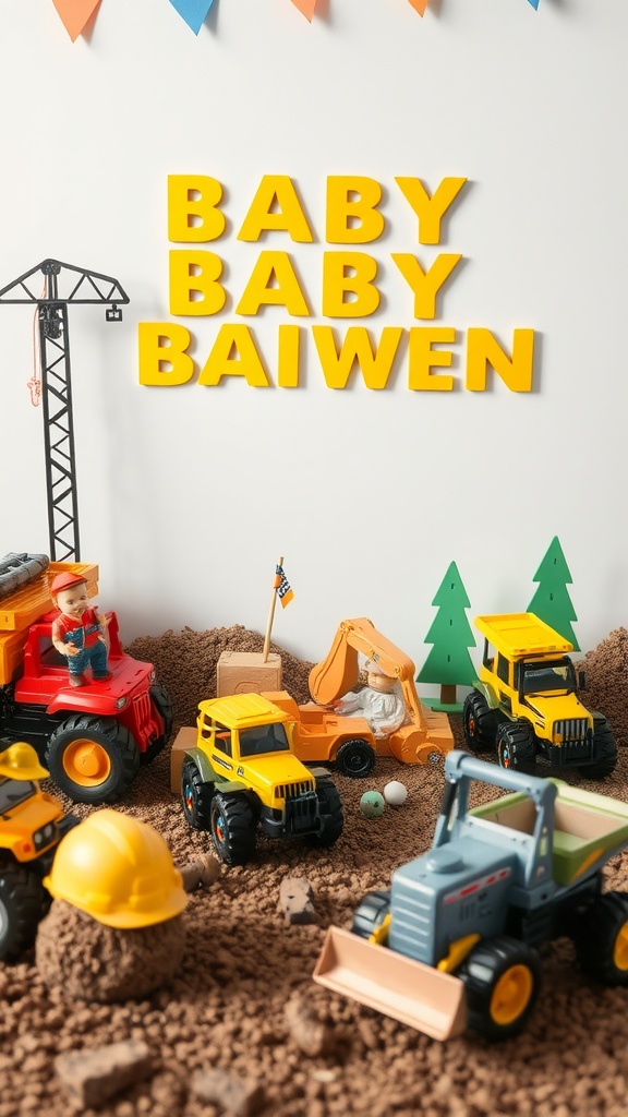 Toy construction vehicles and bright letters in a play area themed for a baby boy baby shower.