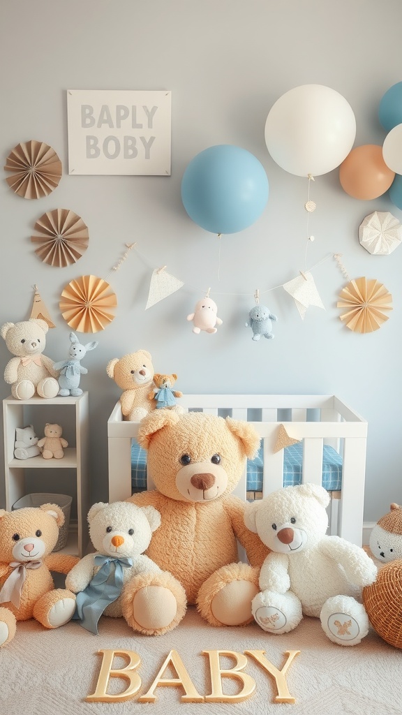 A cozy baby room with teddy bears, balloons, and a crib for a baby boy baby shower.