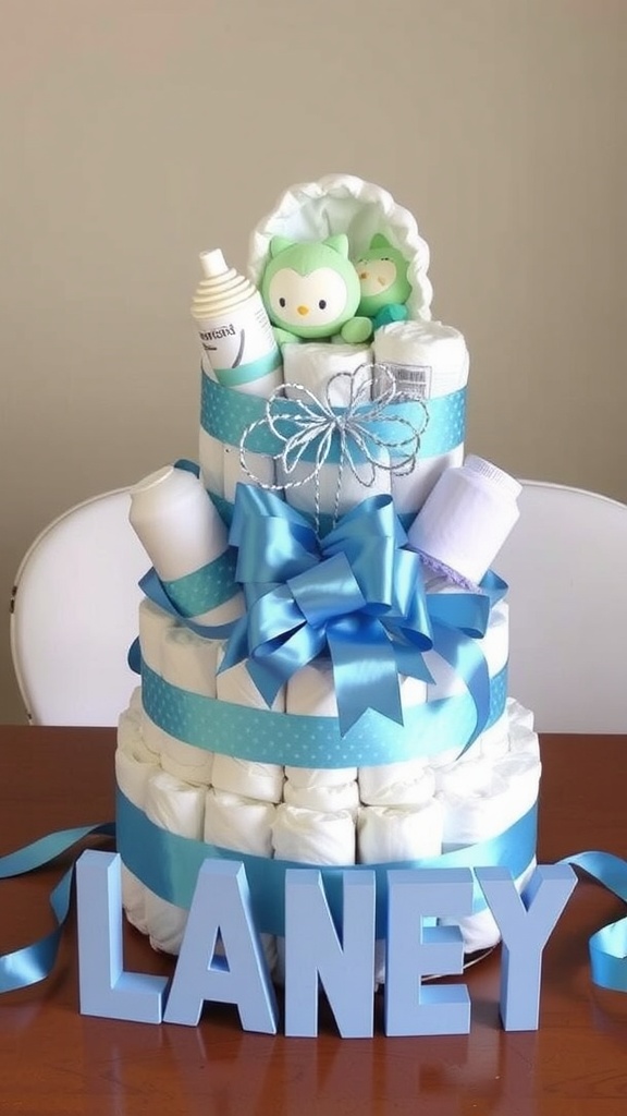 A blue-themed diaper cake centerpiece for a baby shower, featuring diapers, ribbons, and baby toys.