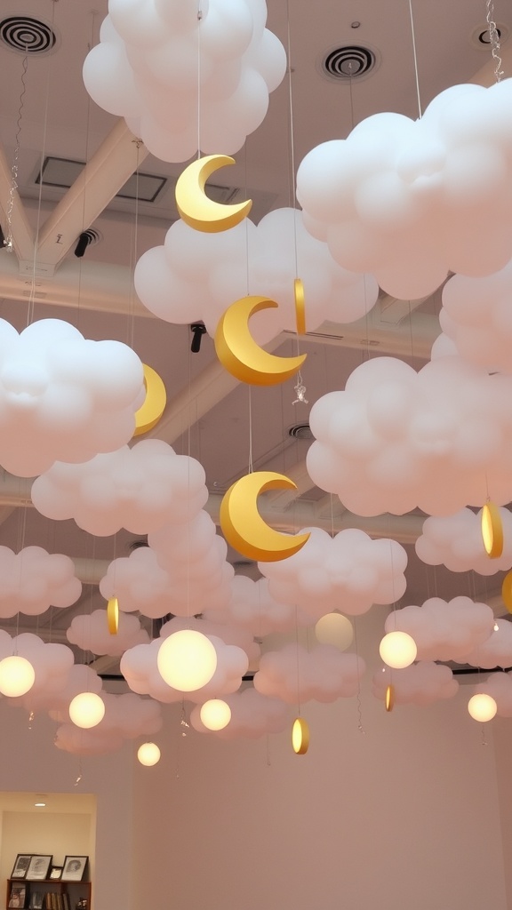 Decor featuring fluffy white clouds and golden crescent moons hanging from the ceiling