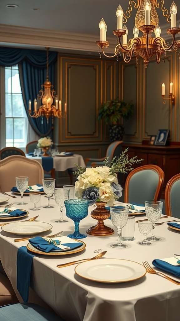 Elegant table setting for a baby boy baby shower with blue accents, floral centerpiece, and glassware.