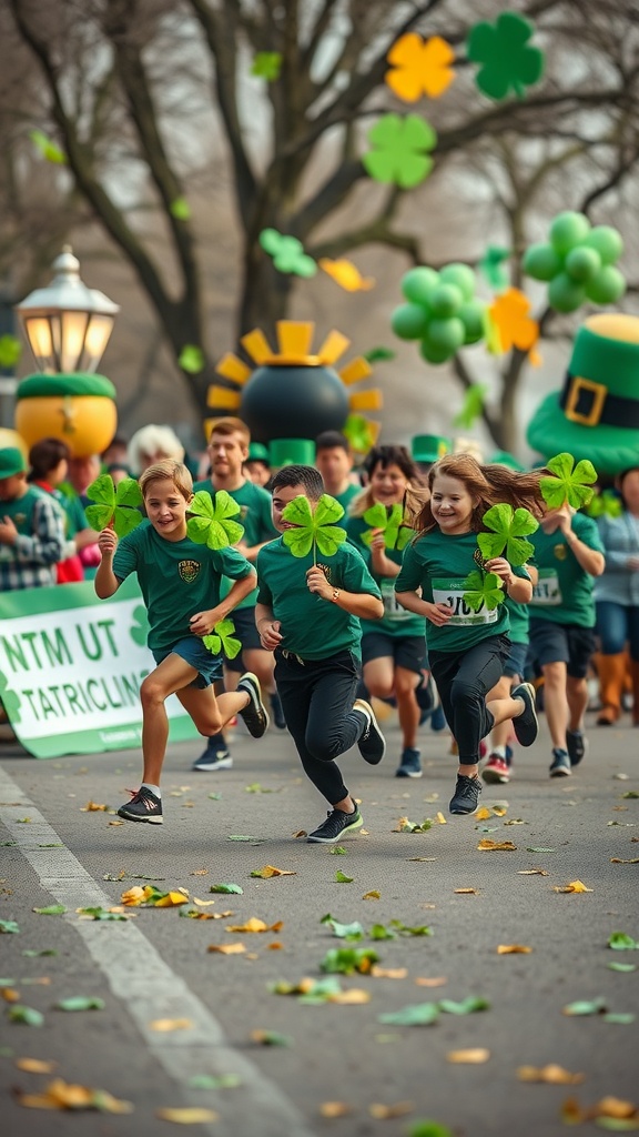 Children participating in a lively St. Patrick's Day celebration with clovers.