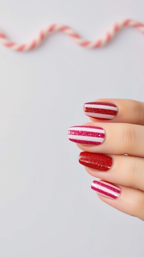 Glittery stripes on short red and pink Valentine's Day nails