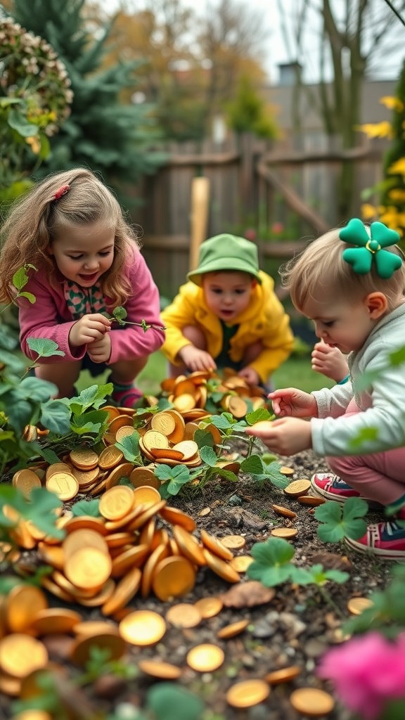Children searching for gold coins hidden among plants during a St. Patrick's Day celebration