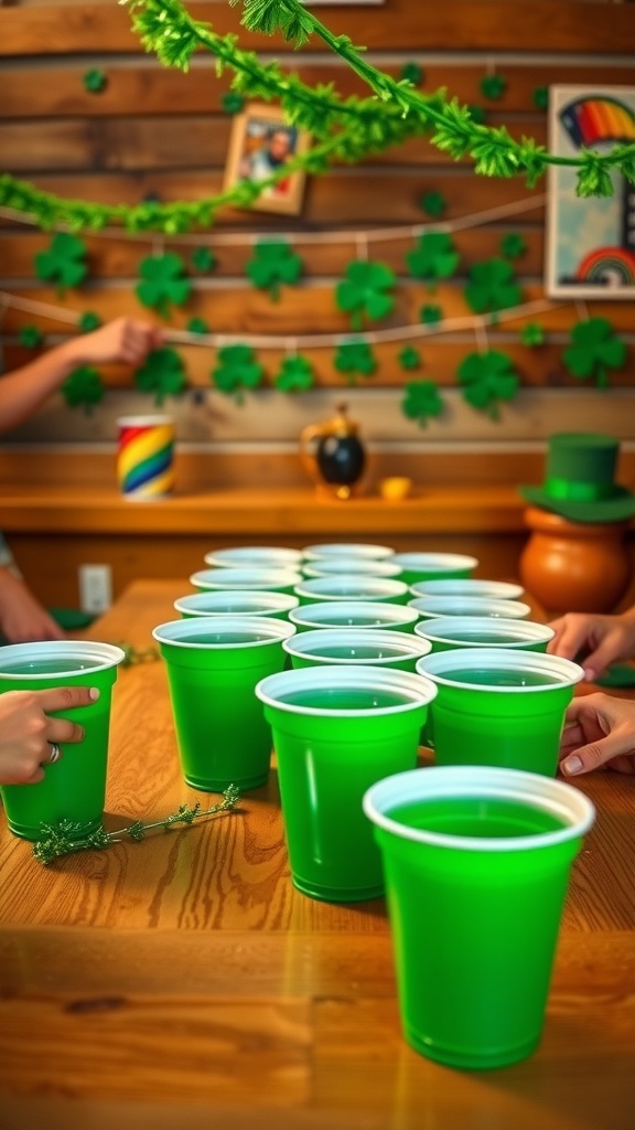 A lively setup of green beer pong with green cups arranged on a wooden table, decorated for St. Patrick's Day.