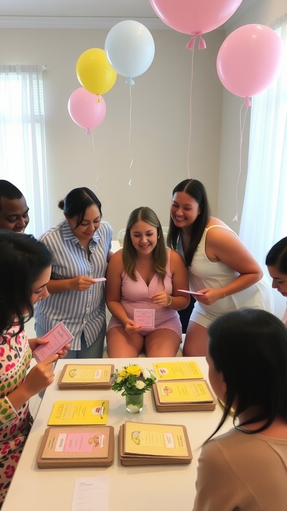 Group of friends participating in a baby shower game, smiling and holding game cards.