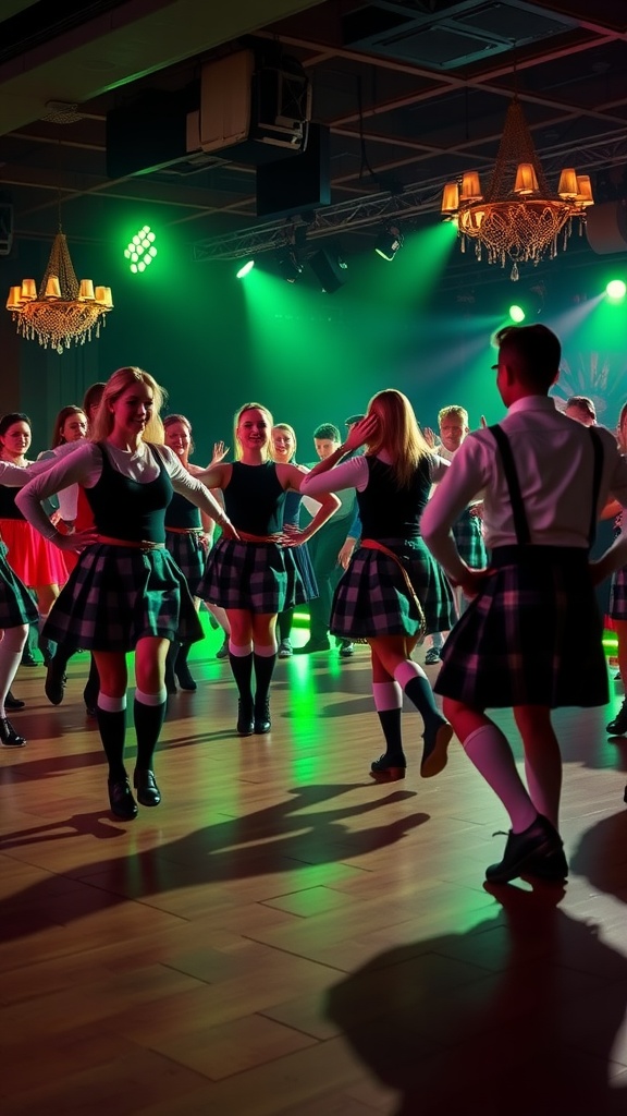Group of dancers in traditional Irish attire performing at a dance-off competition.
