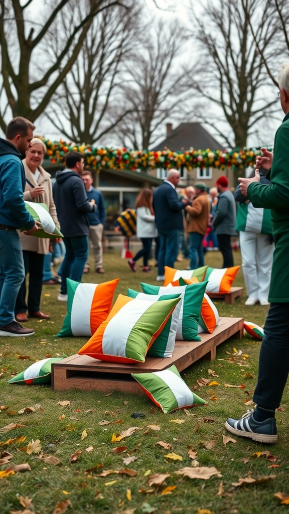 People playing bean bag toss with an Irish flag theme during a St. Patrick's Day celebration.